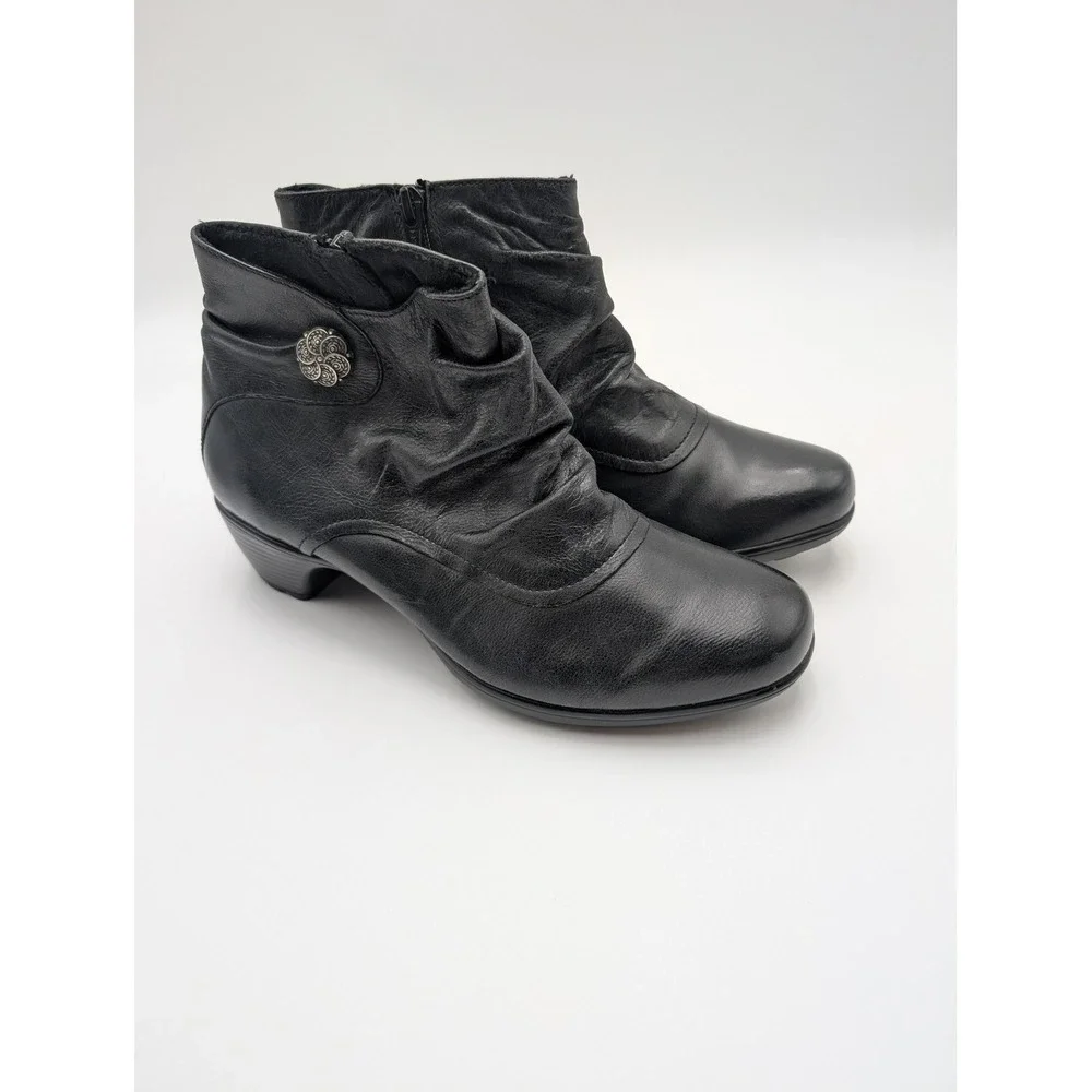 Romika Boots Womens‎ Size 6.5 Black Leather Ruched Ankle Bootie Low Heel Shoes